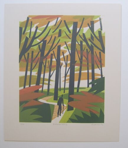 Original Leinenschnittdruck eines Waldes im Herbst - Bild 1 von 3