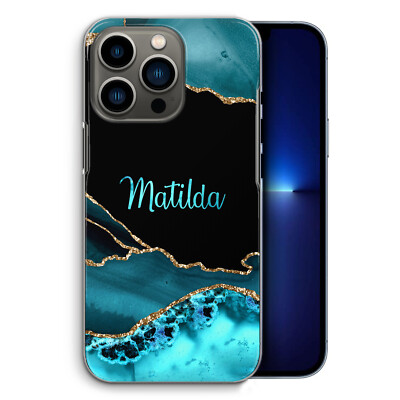 Personalisierte Handyhülle Initiale für iPhone 13/12 Blau Schwarz Marmor Hardcover
