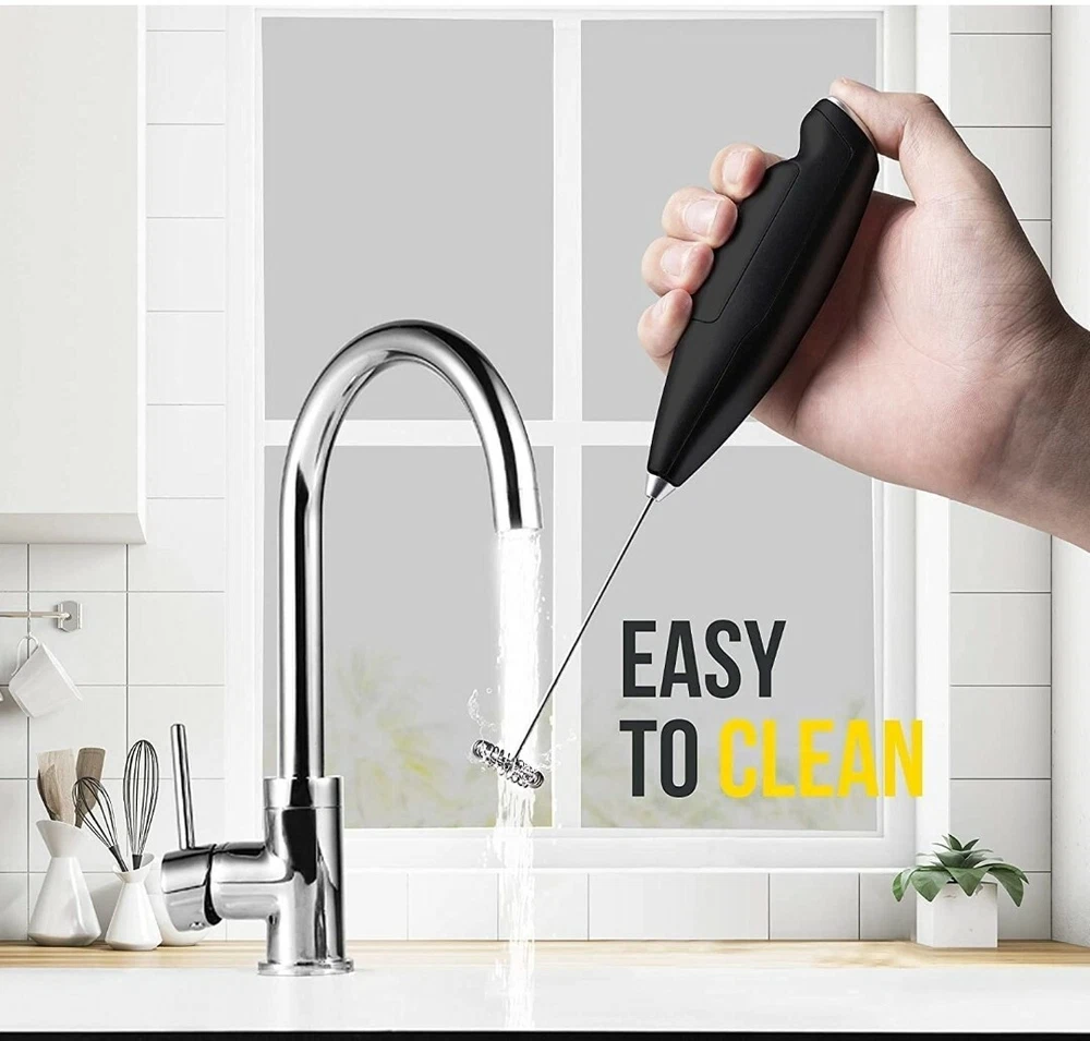 Milk Frother Handheld Detachable with Egg Beating Head, Stand. BLACK