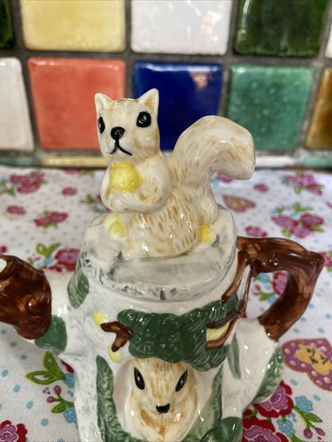 Squirrel White Brown Green Decorative Small Porcelain Teapot 6.5" x 6.5" - Picture 3 of 11