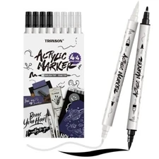 4 Black and 4 White Paint Pens Brush and Bold Dual-tip Acrylic Paint Marker S...