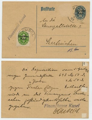 124298 - Ganzsache DP 7 (20) - Finanzamt Kusel - 28.4.1922 nach Saarbrücken