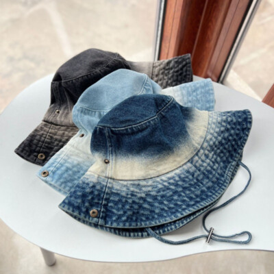Women Men Retro Denim Bucket Hat Gradient Color Sun Cap  display picture 2