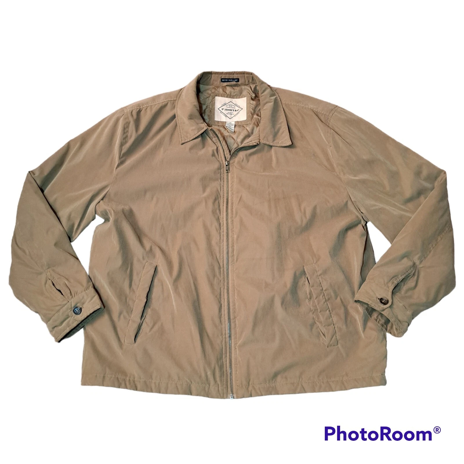St. Johns Bay Mens Water Repellant Bomber Jacket Size 2XL Beige Khaki Full Zip