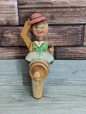 Man on Beer Keg Vintage Carved Wooden Lever Moving Cork Bottle Stopper Bar