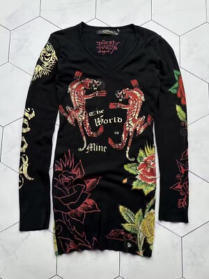 Ed Hardy Womens Mini Dress Black Graphic Tiger Print Y2K Long Sleeve Size  XS | eBay