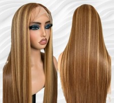 Honey Brown Blonde Wig HD Front Lace Human Hair Blend Highlights Straight 24 In
