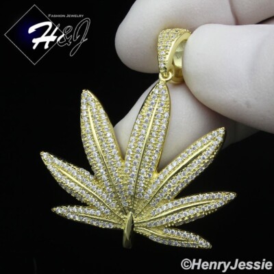 MEN 925 STERLING SILVER ICY BLING CZ GOLD PLATED 3D MARIJUANA LEAF