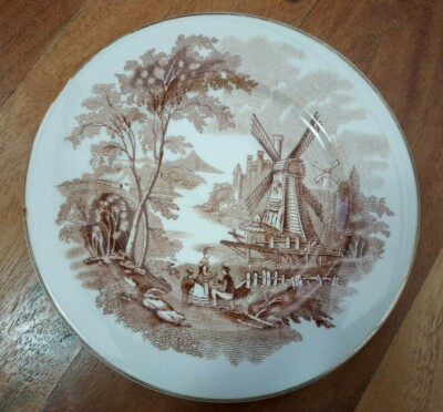 Antiker brauner ''Palissy Ware'' Beilagenteller A E Jones Palissy Ware 20er Jahre Windmühle