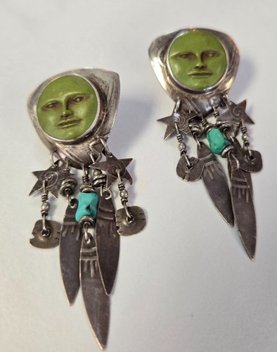 Tabra Signed Green moon face errings sterling dangle