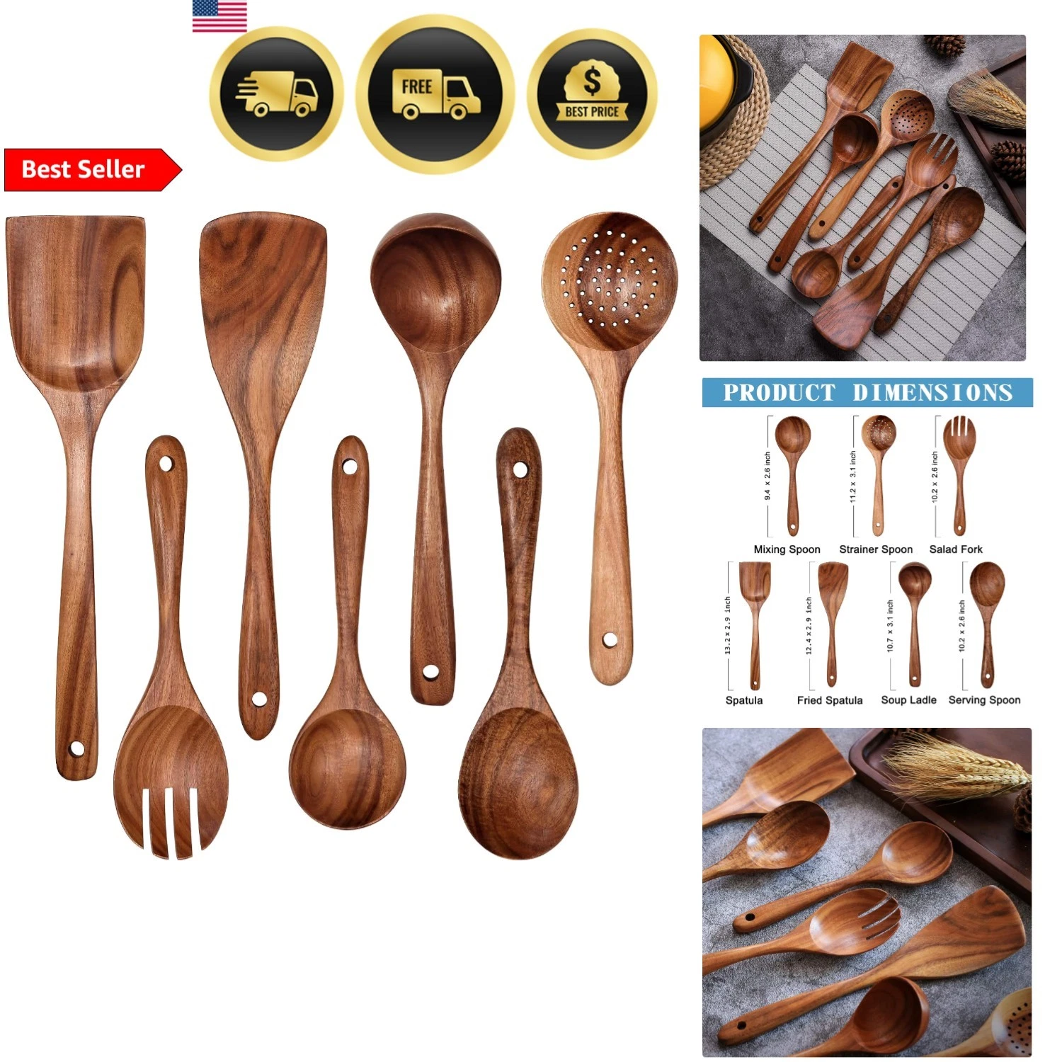 Wooden Kitchen Utensil Set 7 Pieces Natural Teak Non-Stick Spatula Spoons
Opens in a new window or t