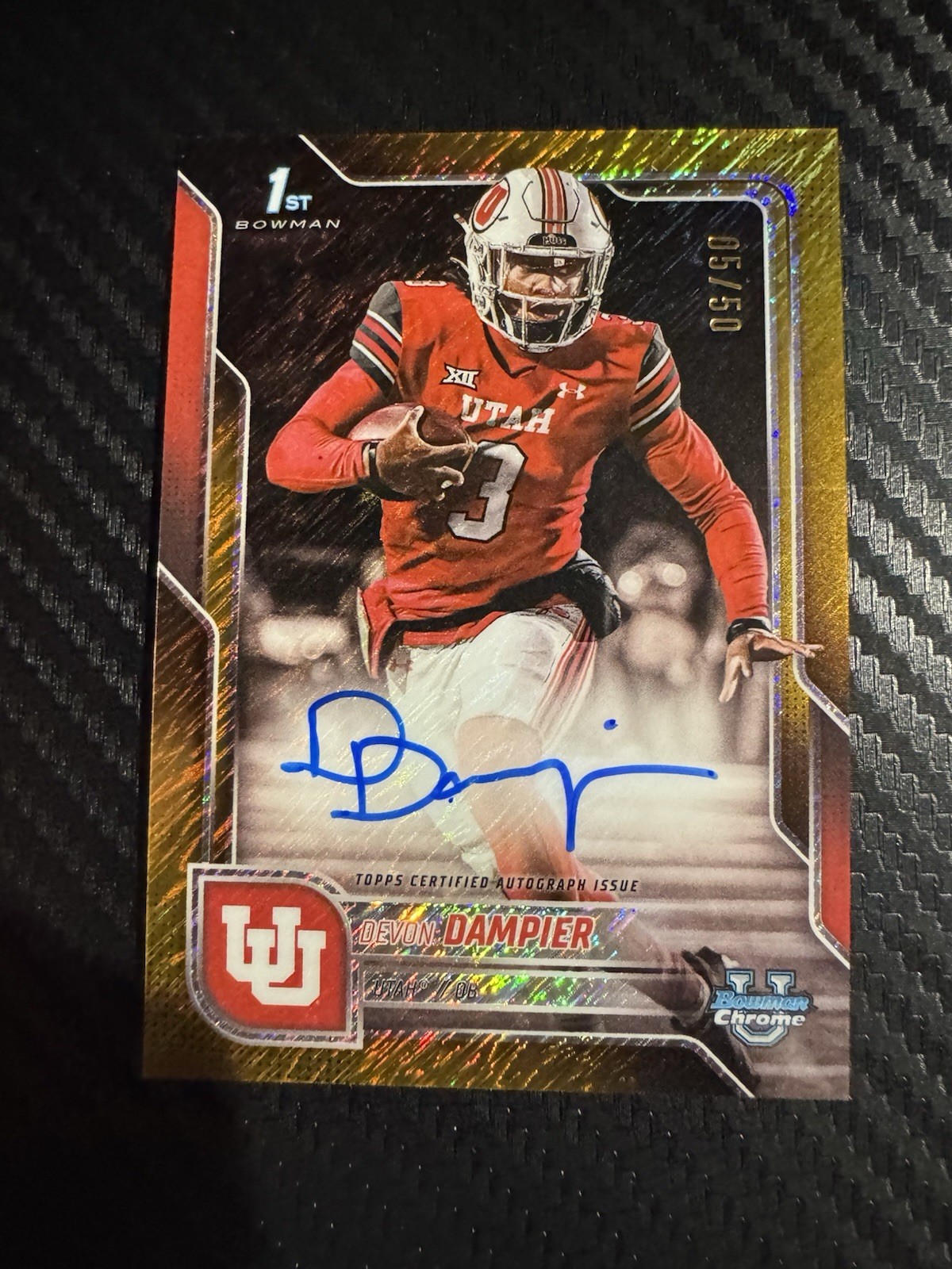 Devon Dampier 2025 Bowman University Chrome #BCA-DDA Auto Gold Shimmer /50 Utah