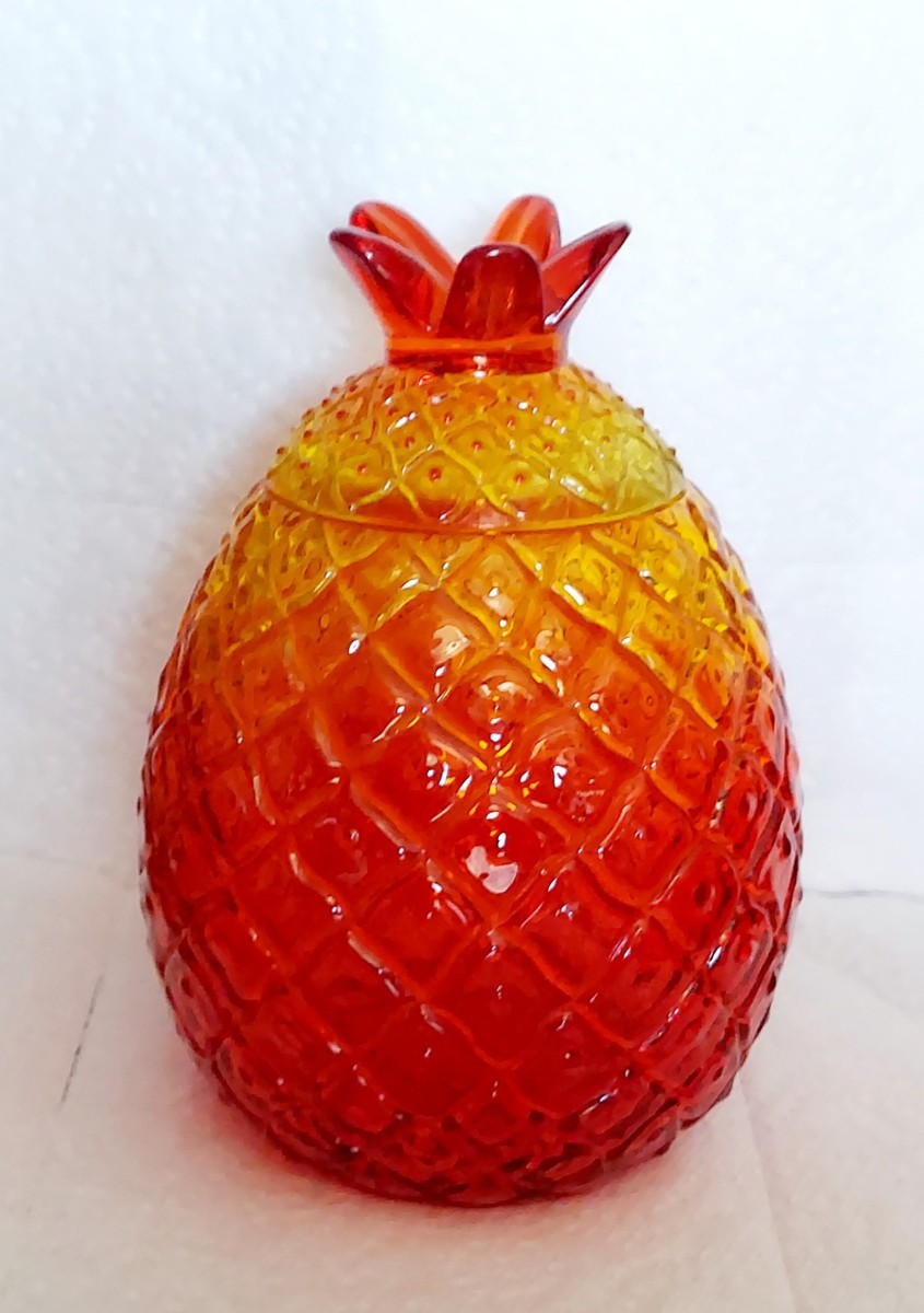 MURANO GLASS 金彩 双耳 オレンジ オープンシュガー ポット VIKING Art Glass Amberina Pineapple Candy Cookie Jar Dish Yellow