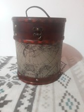 Vintage Style Wooden Treasure Chest Barrel Box Globe Map Design & Leather Handle