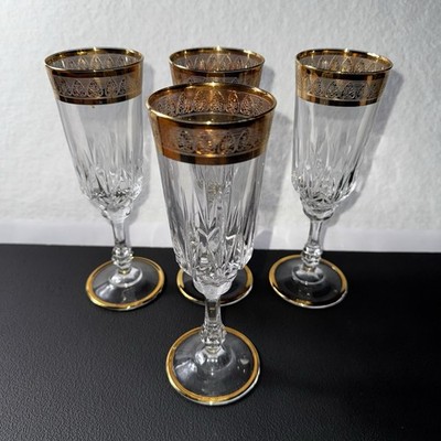 4 Bohemian Style Crystal Champagne Flutes Gold Encrusted Rim Cut Glass Elegant