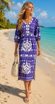 MONSOON BEACH BOHO Embroidered FLORAL Dress Kaftan Cover up Size M Size 12