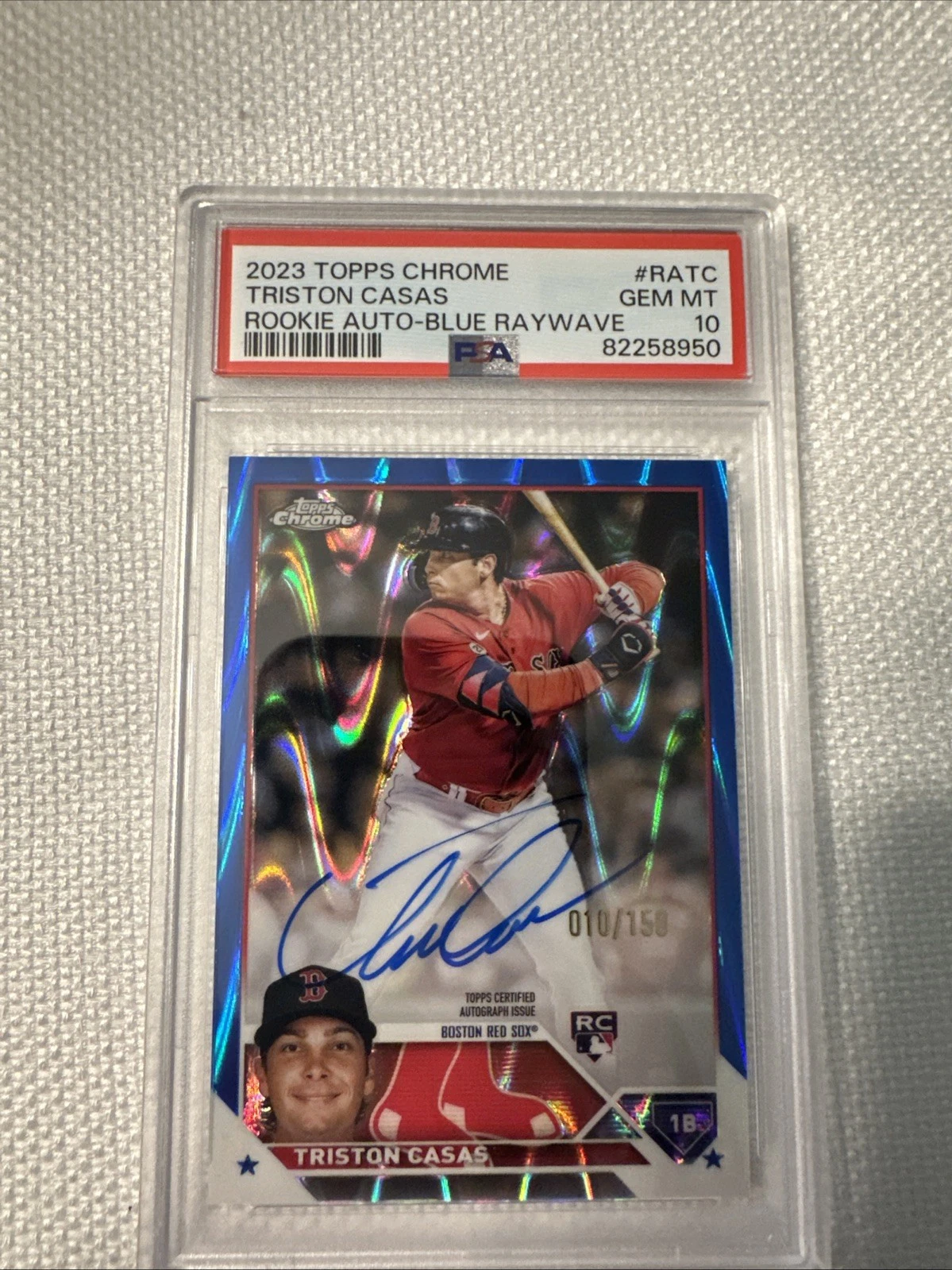 Deal for 2023 Topps Chrome Triston Casas Rookie Auto Blue Ray Wave Refractor #/150 PSA 10