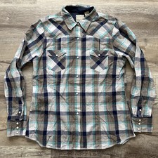 Roper Mens Plaid Button Up Shirt Size Large Teal Blue Long Sleeve Western