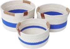 White Cotton Rope Storage Baskets Set of 3 with Jute Handles - Decorative Closet