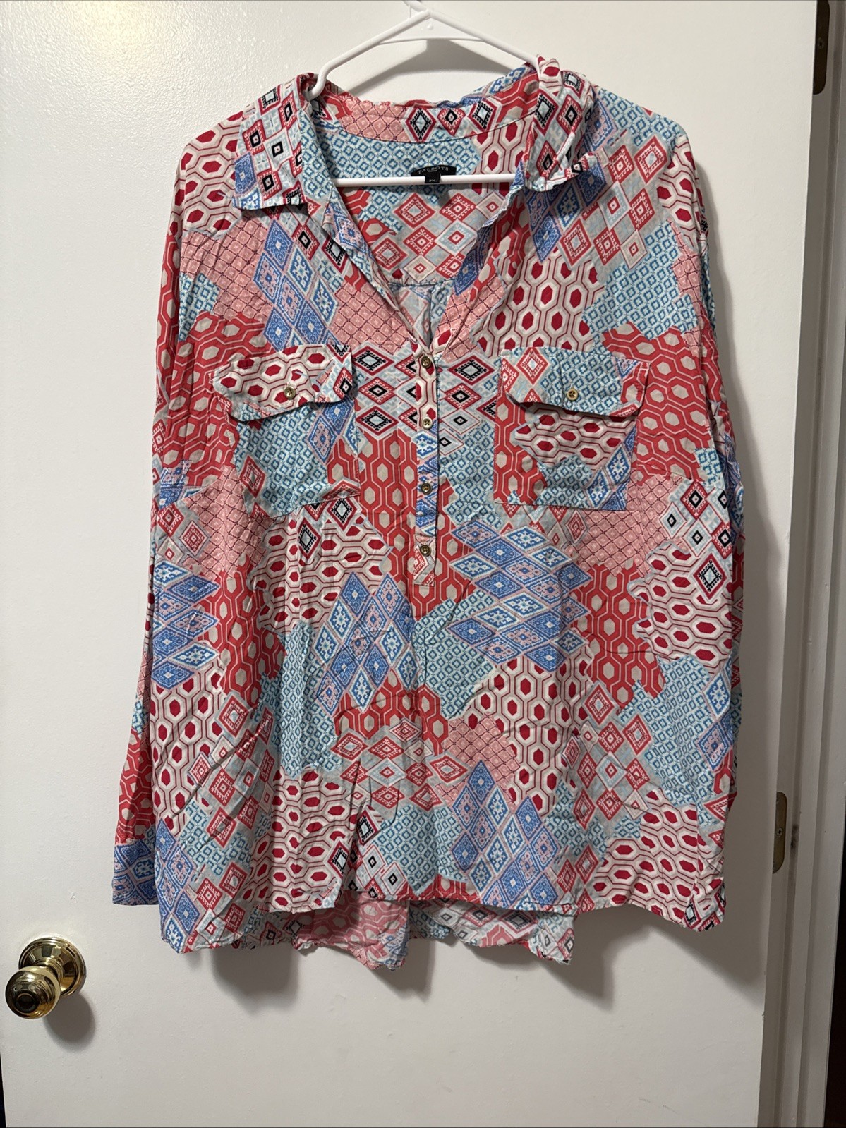 Talbots Red Blue Mixed Print Patchwork Popover Tu… - image 1