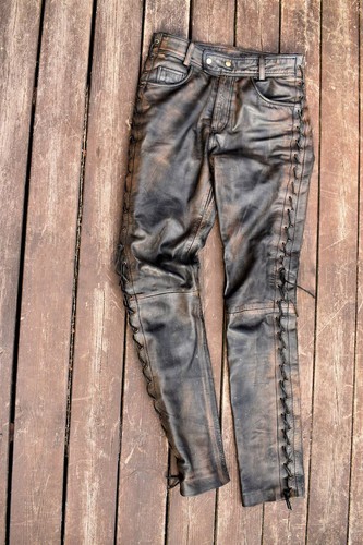 Men’s Distressed Brown Genuine Leather Cafe Racer Motorcycle Pants Biker Riding
