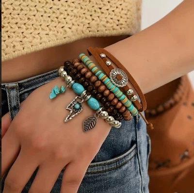 Ensemble de Bracelets Fantaisie Acier Argenté, perles et pampilles ethniques - Photo 1/3