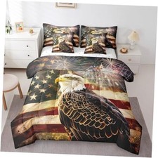 American Flag Size 7 Piece Comforter Set,Eagle Bird Bed Queen Blue Red Brown