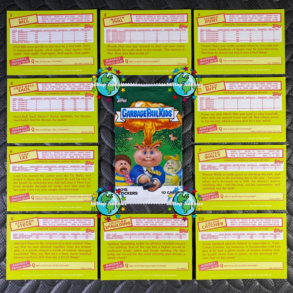 GARBAGE PAIL KIDS 2015 1ST SERIES 1 COMPLETE BASEBALL CARD SET OF 10 +WRAPPER - Image 2 of 2