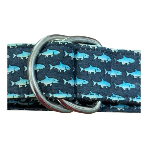 Vineyard Vines Navy Ribbon Fish Shark Print Belt D-Ring Buckle Preppy Size Large
