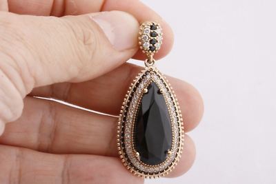 Türkischer Schmuck langer Tropfen schwarz Onyx weiß Topas 925 Sterlingsilber Anhänger