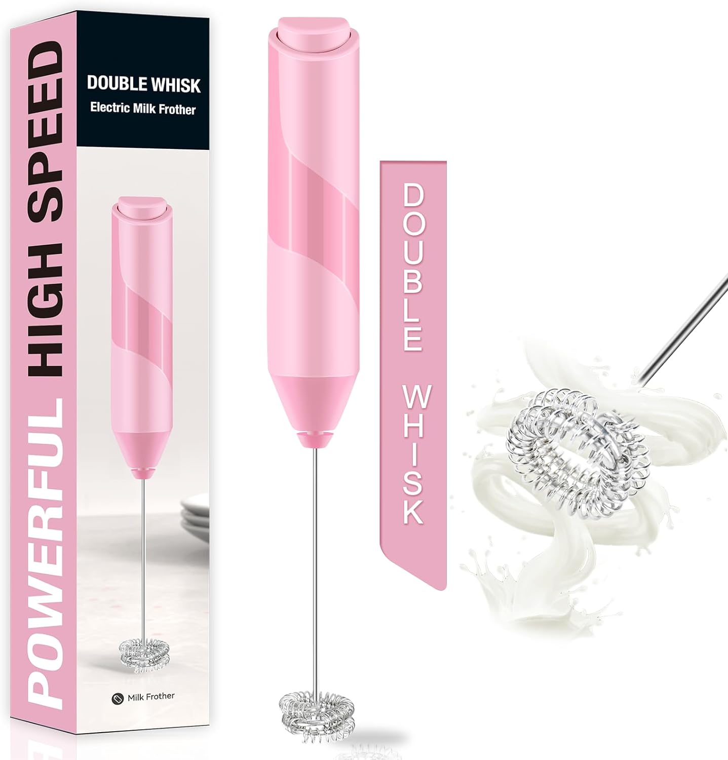 Double Whisk Milk Frother, Handheld Electric Blender Stick, Drink Mixer with Foo