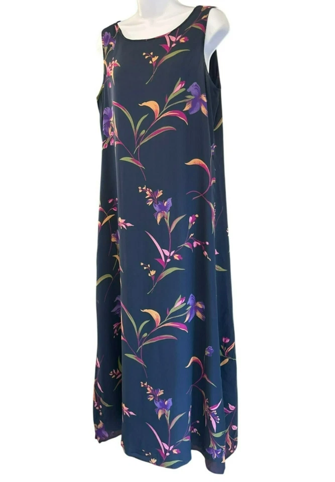 Vintage Robbie Bee Navy Blue Sleeveless Floral Silk Sheath Dress Size 12 Y2k - Image 3 of 4