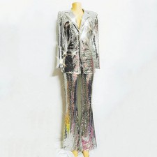 Silver sequin suit set for women's stage performance, 2-piece set