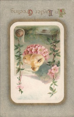 Easter Chicks Two Yellow Pink Flowers Greeting Original Vintage Postcard
