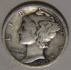 1919 P Mercury Dime 10C Cents Coin Silver, F+!