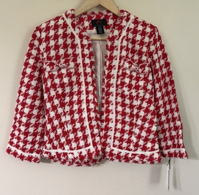 True Meaning Red Houndstooth Tweed Fringe Bow Jacket NWT S