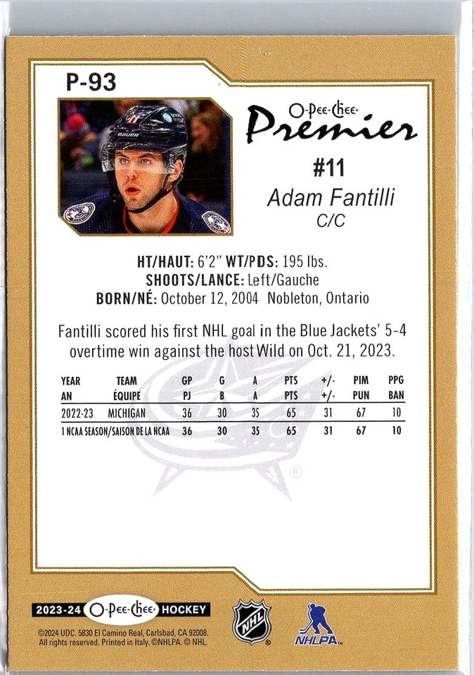 2023-24 O-Pee-Chee Premier Adam Fantilli #P-93 - Image 2 of 2