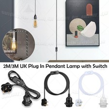 2m / 3m PVC Cable kit UK Plug in Pendant Light Cord with ON/OFF Switch E27 Lamp