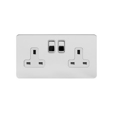 Image of Polished Chrome Flat Plate 13A 2 Gang Switched Socket Double Pole Wht Ins Scr...