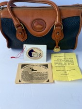 Dooney Bourke Leather Satchel Crossbody Vintage All Weather, Tan/Navy Orig. Tags