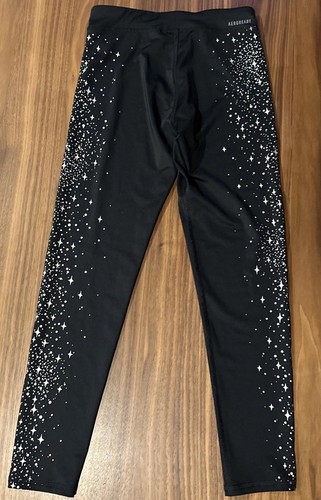 Adidas Glam Leggings M Youth Girls Sparkle Metallic Stars Black Silver Athletic - Picture 14 of 17