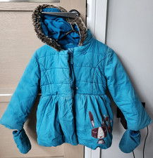 marks and spencer girls coat blue/turquoise size 3-4 years, detachable mittens
