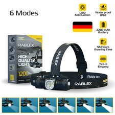 LED Headlamp 1200 Lumens Rablex 6 Light Mode Rechargeable Headlamp