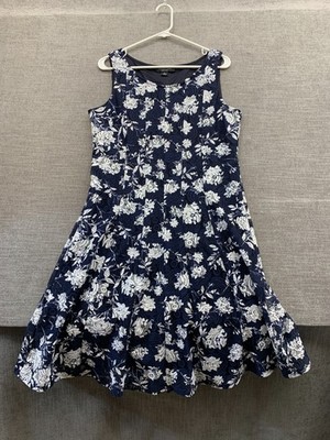 perceptions fit and flare dress Perceptions New York Fit & Flare Dress Womens L Blue Floral Wide Strap  Pleated