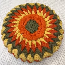 Vintage Handmade Crochet Throw Pillow Round MCM 70s Orange Green Yellow