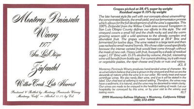Monterey Peninsula Winery San Luis Obispo Zinfandel Late CA 1977 Wine Label