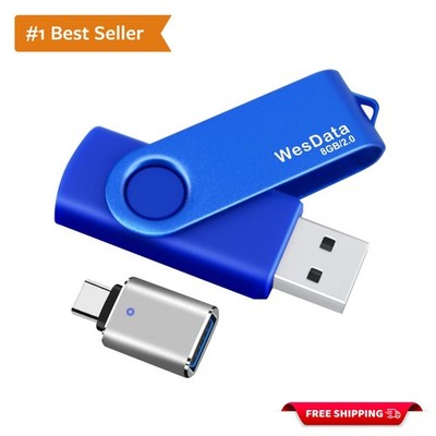 Portable 8GB USB 2.0 Flash Drive with Blue USB C Adapter - Effortless Transfers