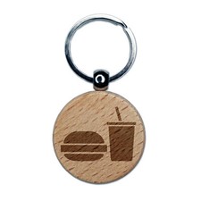 Hamburger and Soda Food Drink Icon Engraved Wood Round Keychain Tag Charm