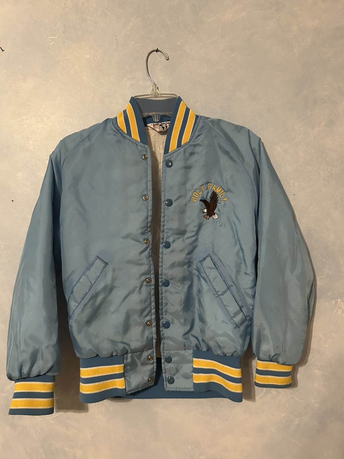 Vintage Boys Leader Sportswear Baby Blue Nylon Bomber Jacket Holy Family Youth L image 8