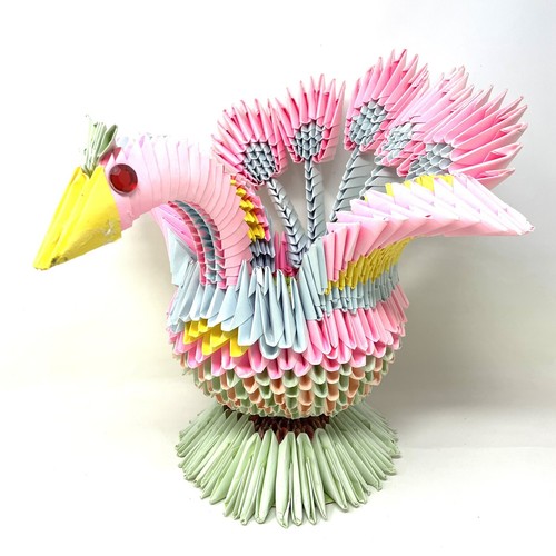 Handmade Origami Peacock Sculpture Basket Vase Pastel Colors Large Easter Spring